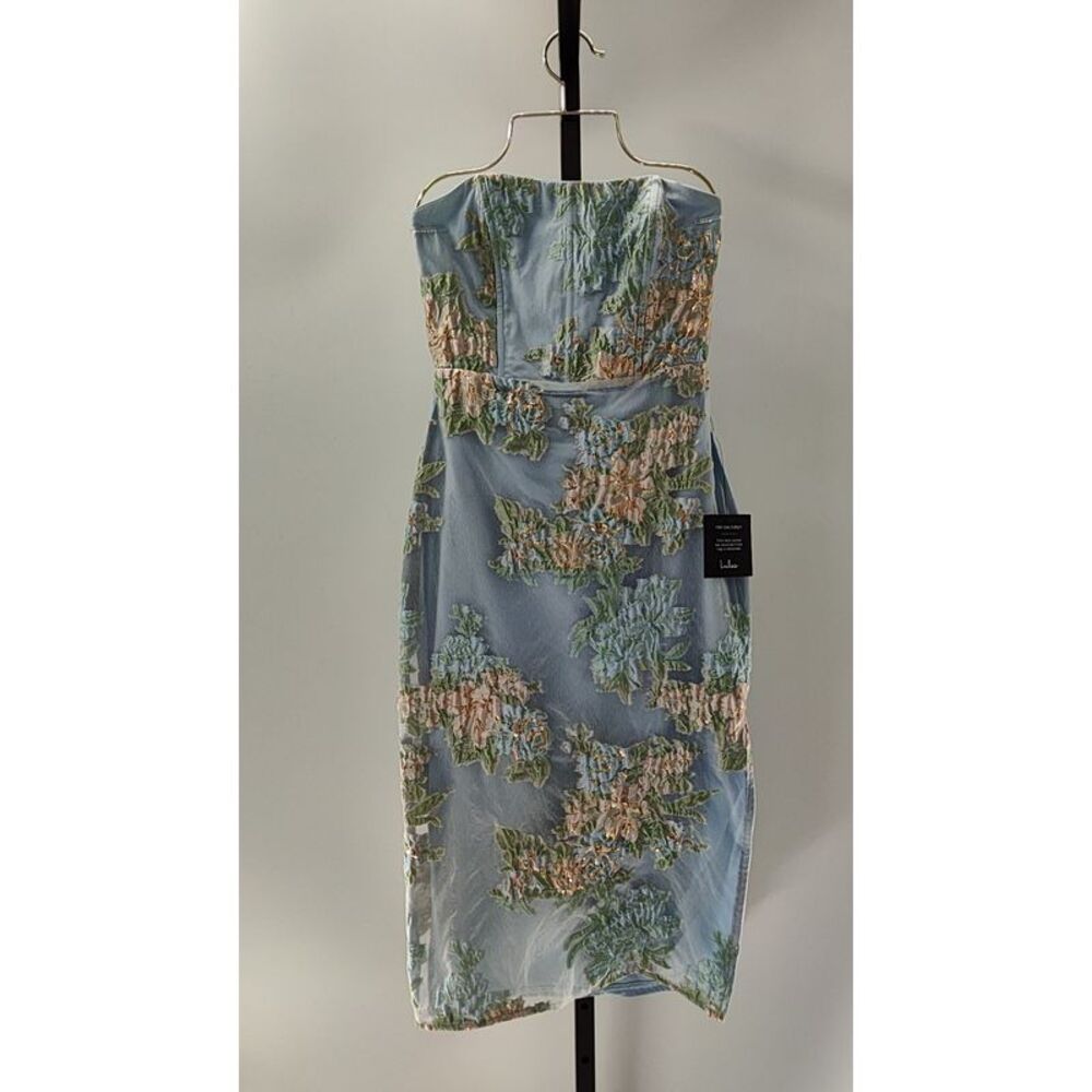 Lulus Women Upgraded Event Blue Jacquard Strapless Bustier Midi Dress S - Picture 2 of 3